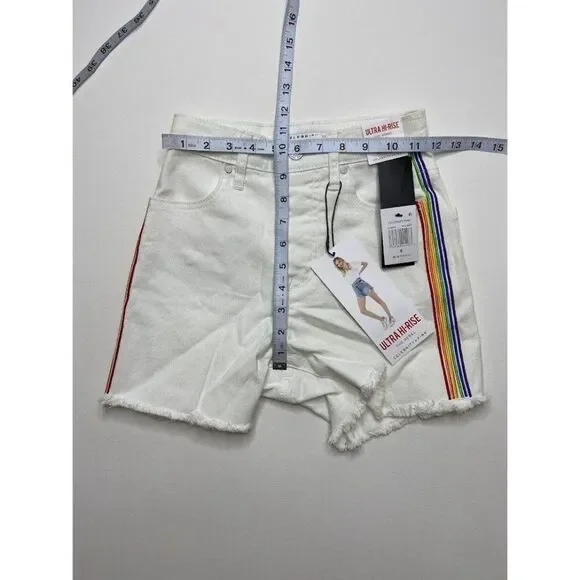 Celebrity‎ Pink Jean Shorts 0 White Juniors' Rainbow Stripe Stretch Raw-Hem NEW - Picture 3 of 13
